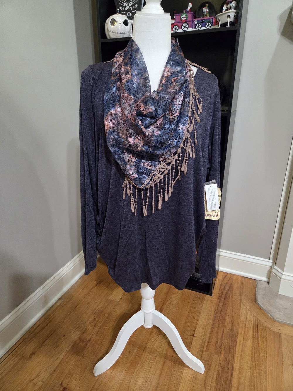 ONE WORLD Navy Tunic with Floral Fringe Infinity Scarf